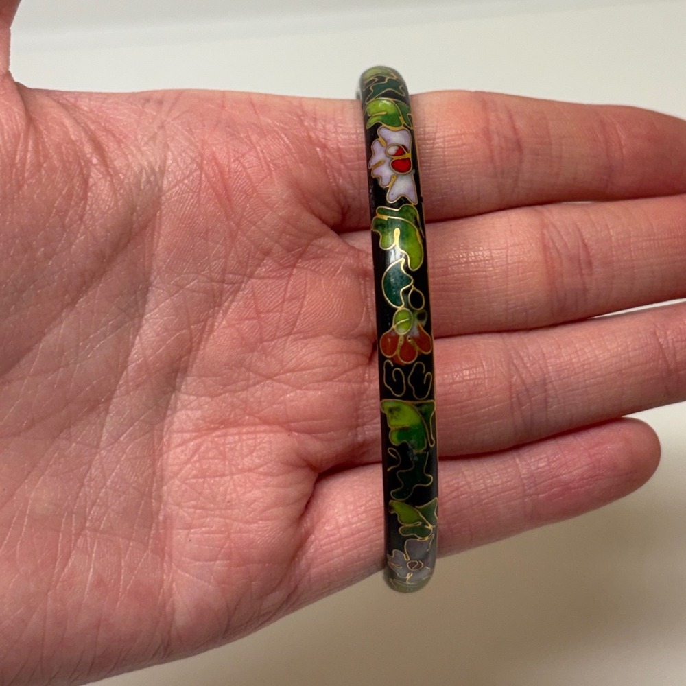 Vintage Cloisonne Enamel Bangle Bracelet Black Pink Floral Gold Tone 8.25 In
